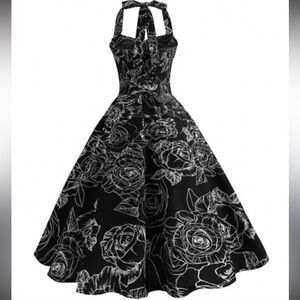 Retro Pinup Vintage Inspired Black and White Floral Halter Dress
